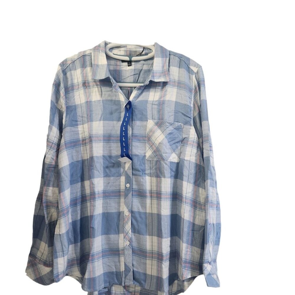 Well Worn Ladies' Flannel Button-Up Shirt, Indigo Blue  Plaid, Size L